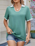 Contrast Trim Collar Short Sleeve Casual T-Shirt - Trendsi - Flyclothing LLC