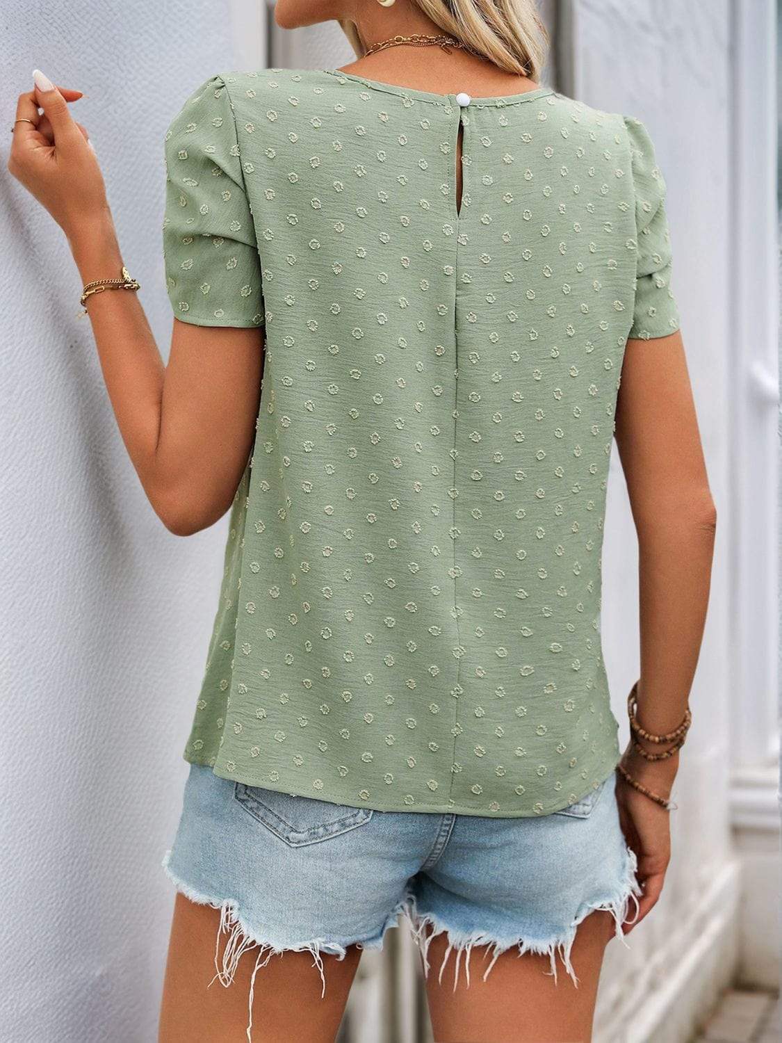 Perfee Swiss Dot Round Neck Petal Sleeve Blouse - Trendsi - Flyclothing LLC