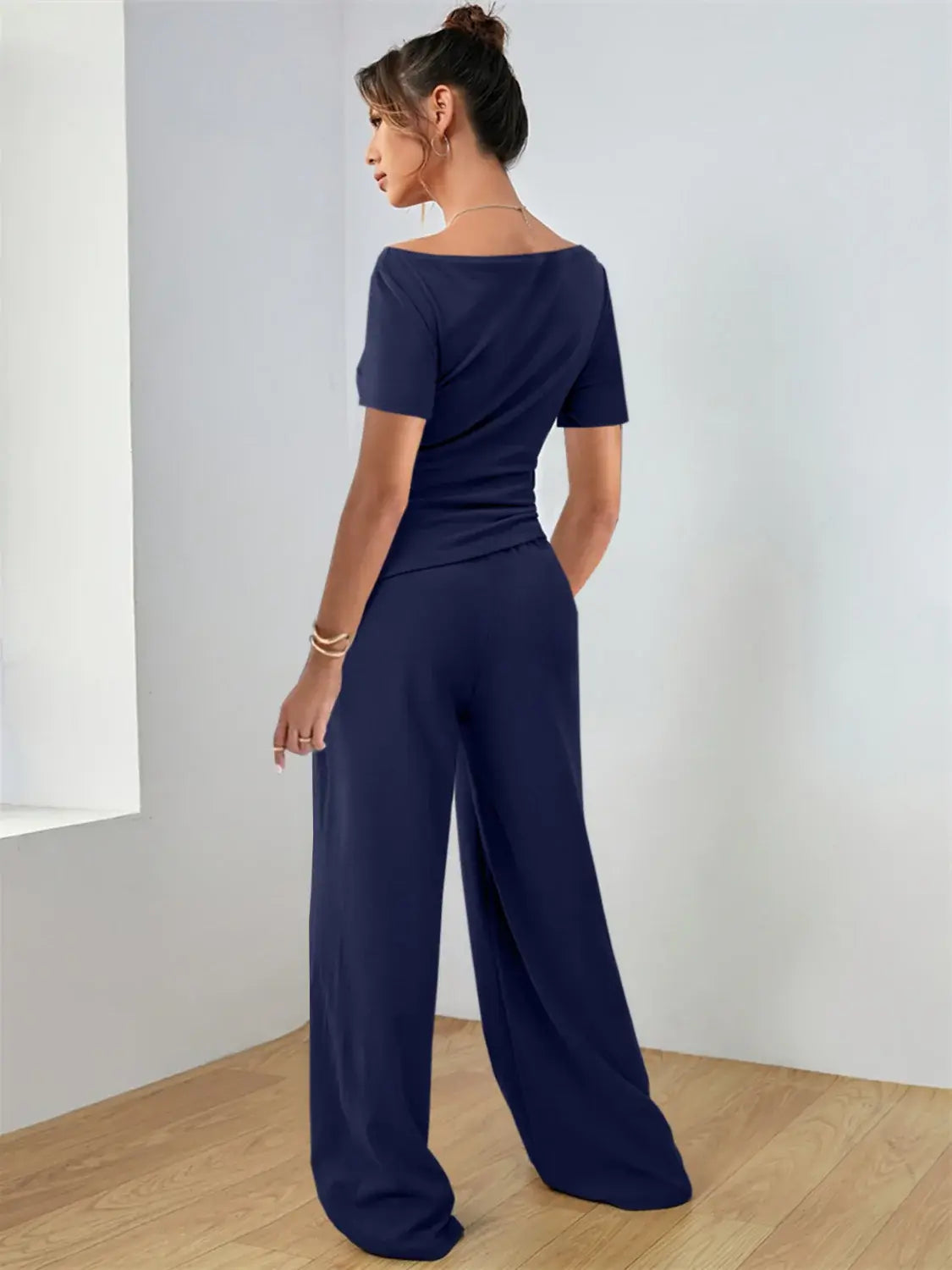 Round Neck Short Sleeve T-Shirt and Pants Set - Trendsi - Flyclothing LLC