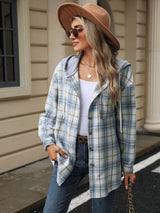 Drawstring Plaid Button Up Hooded Jacket - Trendsi - Flyclothing LLC