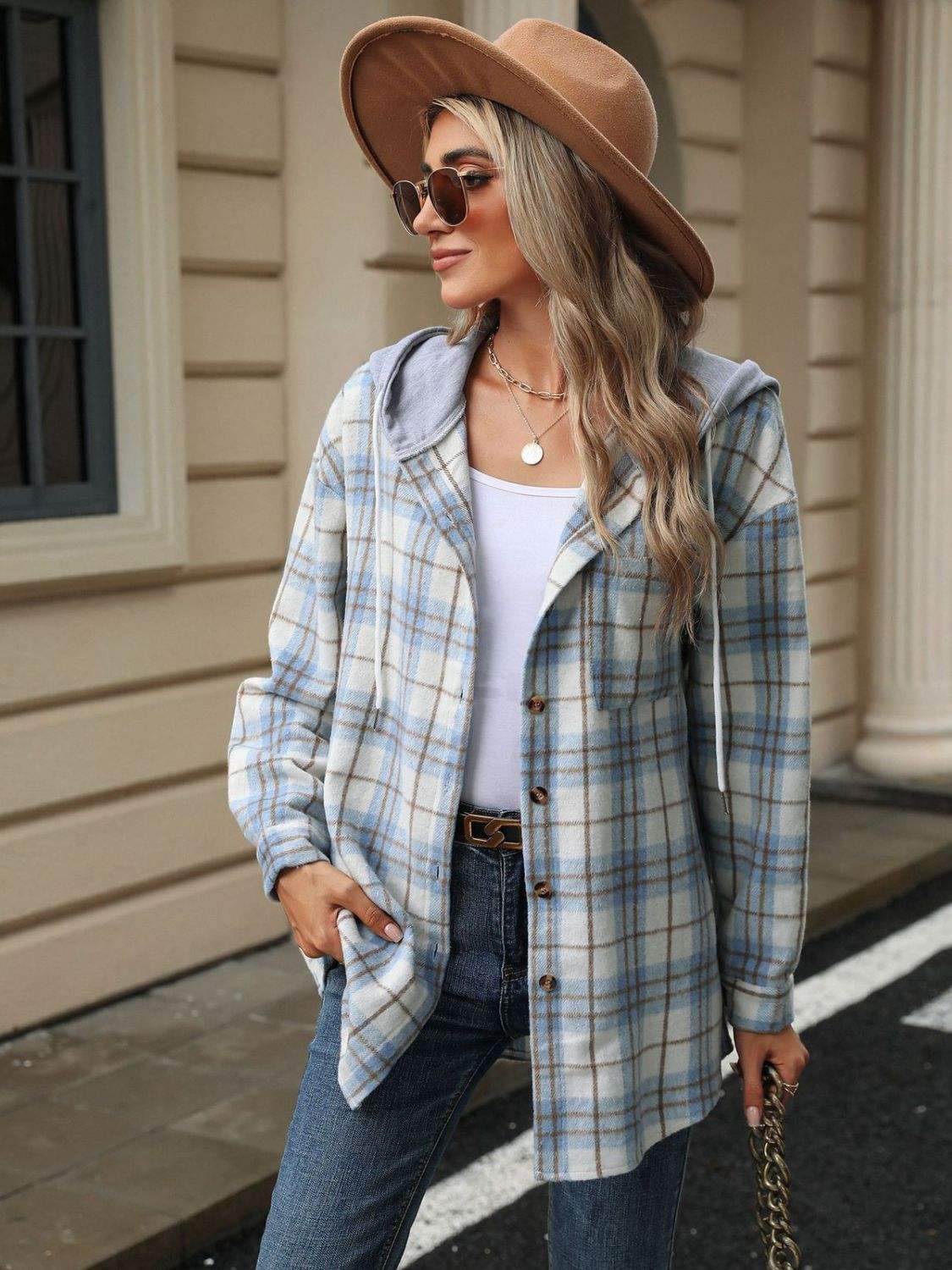Drawstring Plaid Button Up Hooded Jacket - Trendsi - Flyclothing LLC
