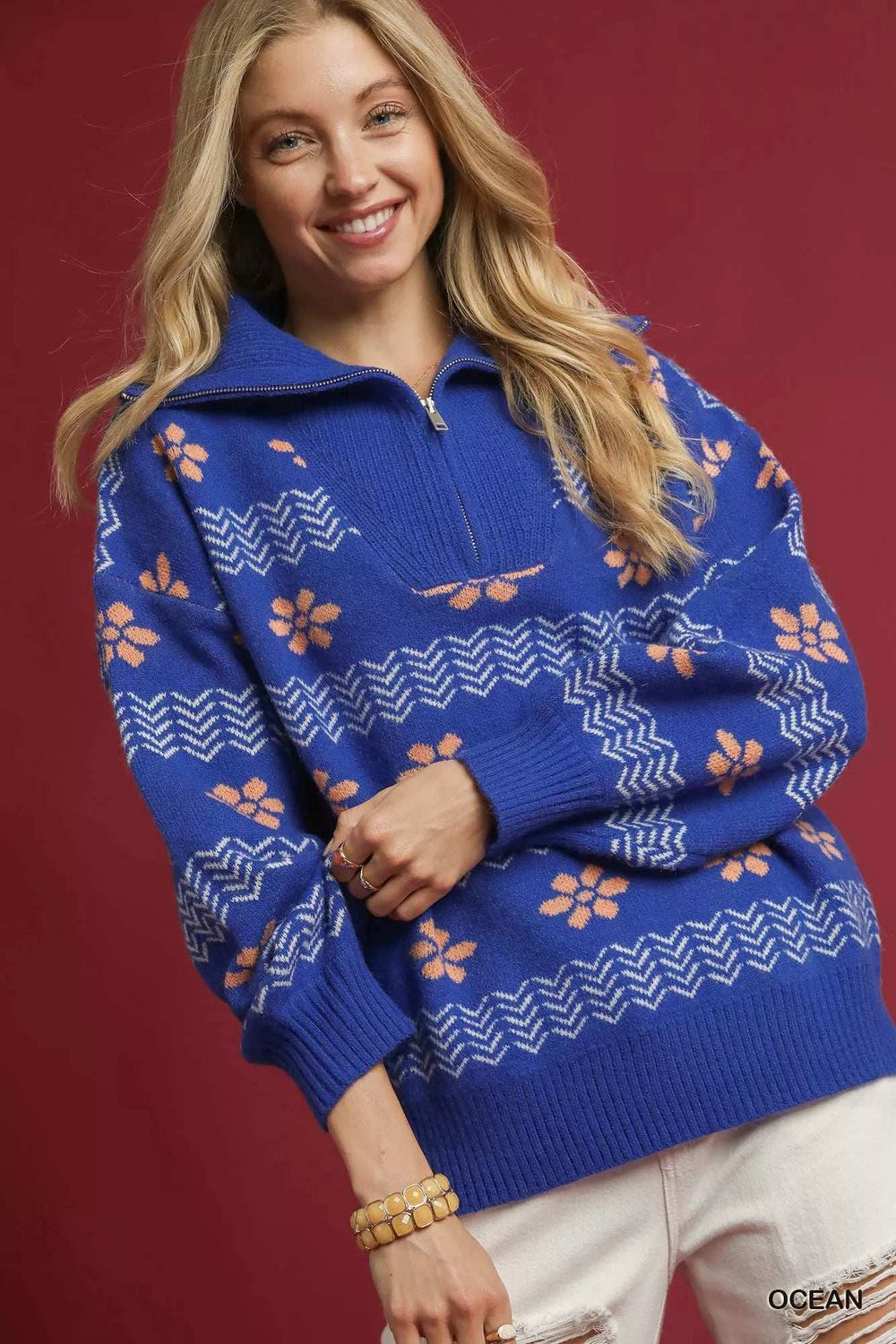 Umgee Floral Patterned Jacquard Quarter-Zip Pullover Sweater - Trendsi - Flyclothing LLC