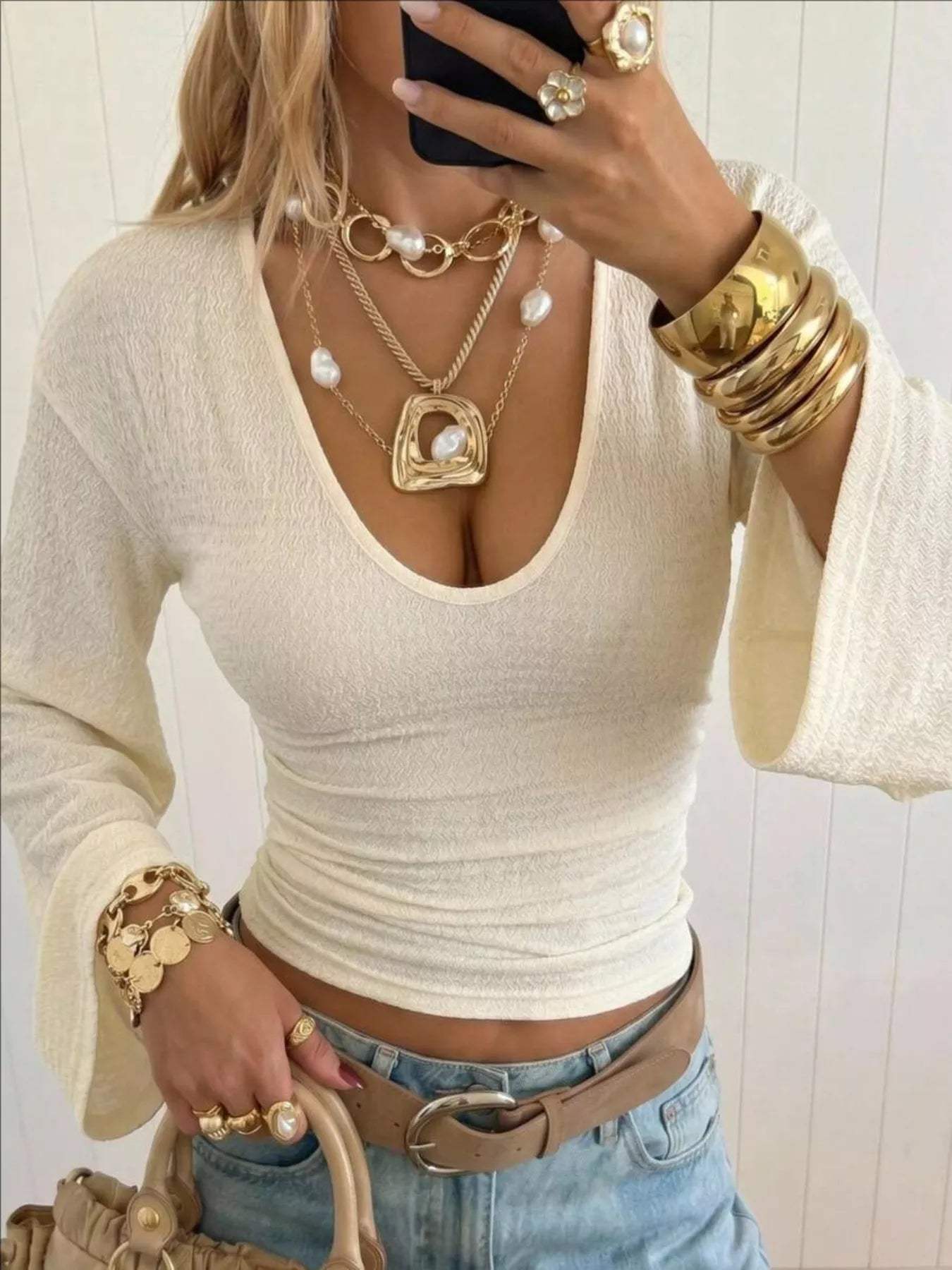 Slim Fit Flare Sleeve Top - Trendsi - Flyclothing LLC