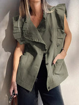 Ruffled Patchwork Denim Jacket Vest - Trendsi - Flyclothing LLC