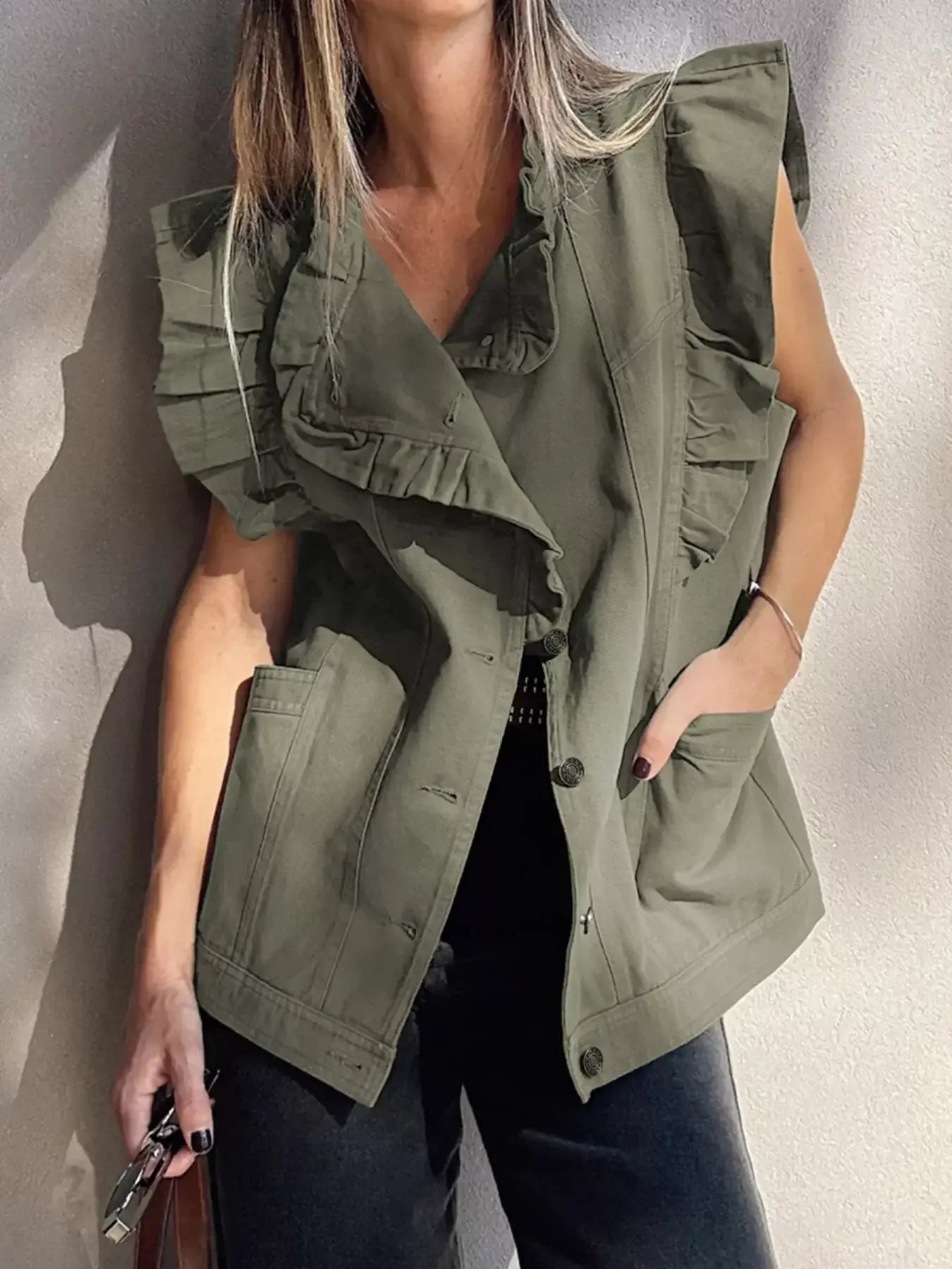 Ruffled Patchwork Denim Jacket Vest - Trendsi - Flyclothing LLC