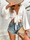 Tied V-Neck Cropped Cover-Up - Trendsi