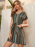 Pocketed Striped Short Sleeve Dress - Trendsi