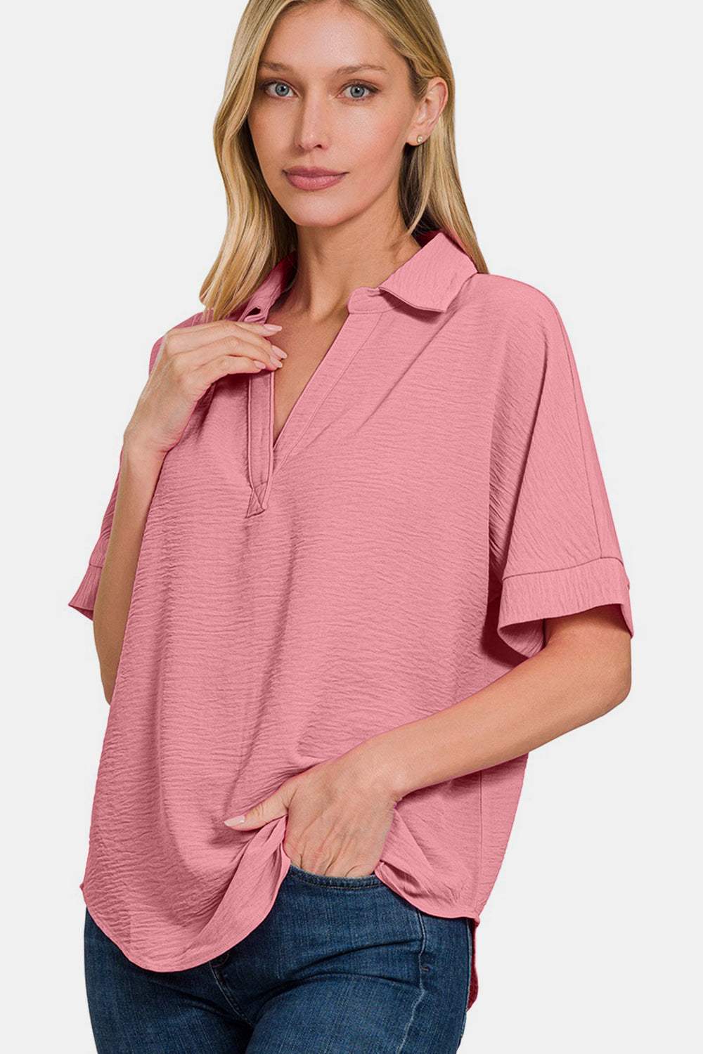Zenana Texture Collared Neck Short Sleeve Top - Trendsi - Flyclothing LLC