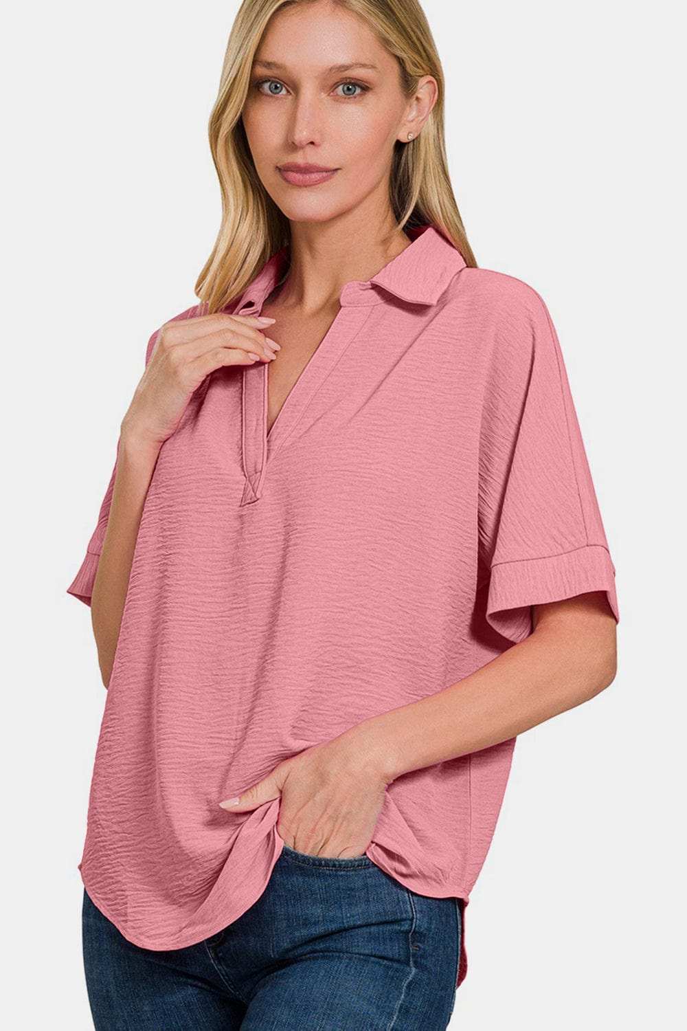 Zenana Texture Collared Neck Short Sleeve Top - Trendsi - Flyclothing LLC