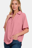Zenana Texture Collared Neck Short Sleeve Top - Trendsi - Flyclothing LLC