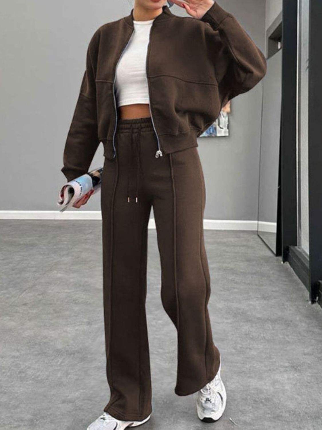Baseball Collar Zip Up Outerwear and Drawstring Pants Set - Trendsi - Flyclothing LLC