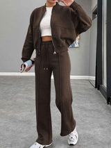 Baseball Collar Zip Up Outerwear and Drawstring Pants Set - Trendsi - Flyclothing LLC