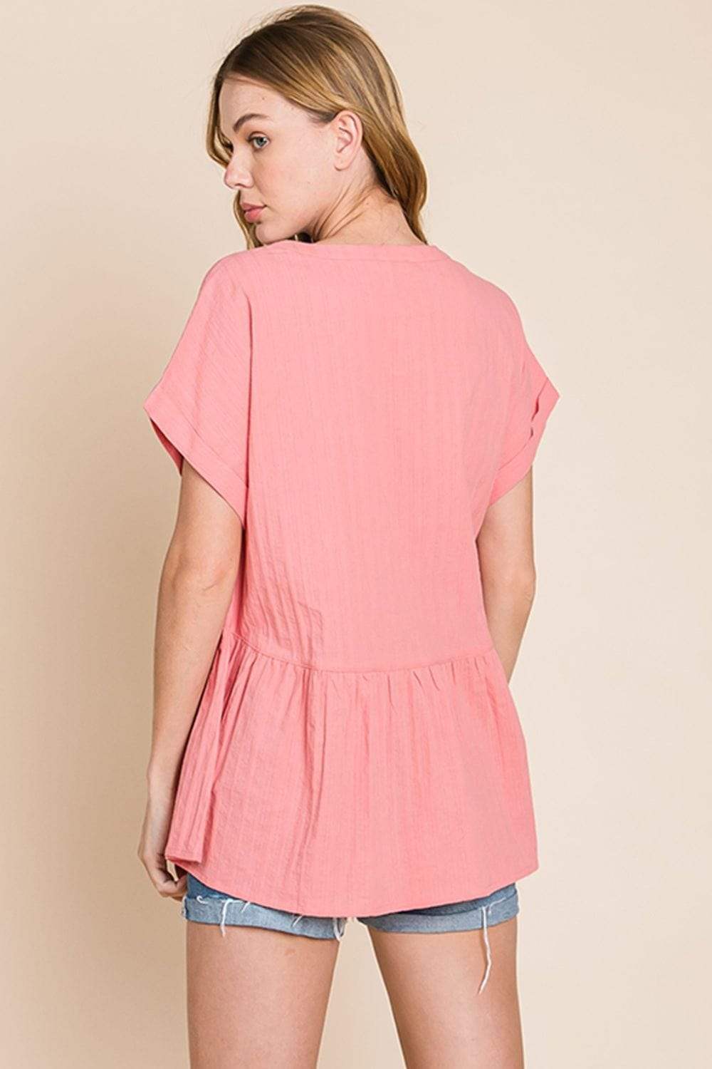 Cotton Bleu by Nu Label Notched Short Sleeve Peplum Top - Trendsi - Flyclothing LLC