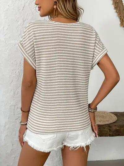 Striped V-Neck Short Sleeve T-Shirt - Trendsi - Flyclothing LLC