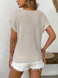 Striped V-Neck Short Sleeve T-Shirt - Trendsi - Flyclothing LLC