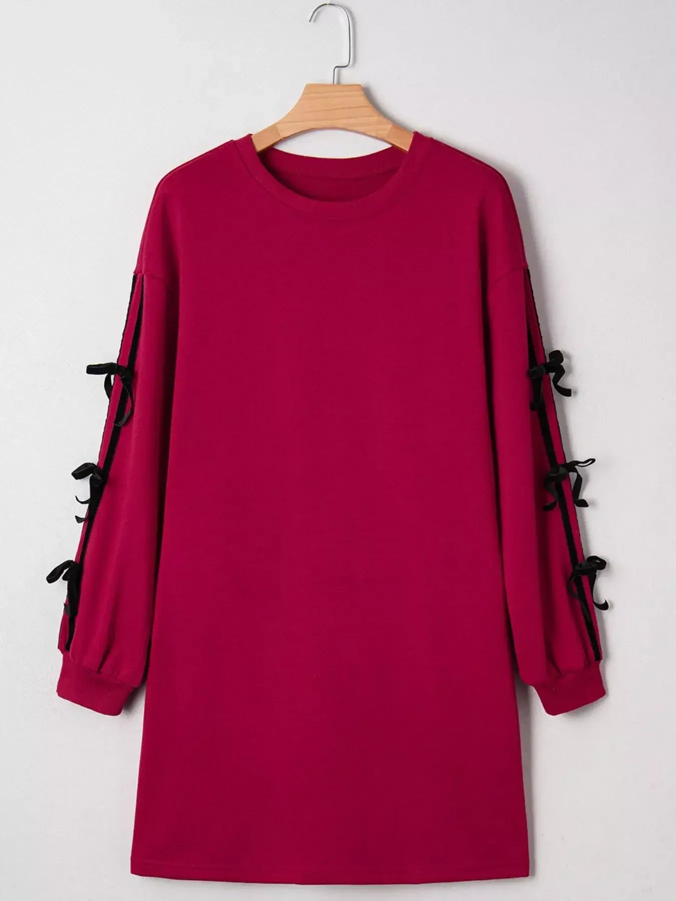 Contrast Striped Bow Detail Drop Shoulder Sweatshirt Dress with Pockets - Trendsi - Flyclothing LLC