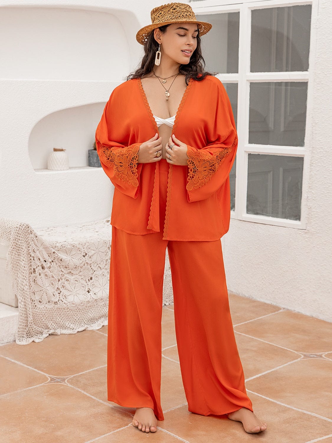 Plus Size Lace Detail Long Sleeve Top and Pants Set - Trendsi