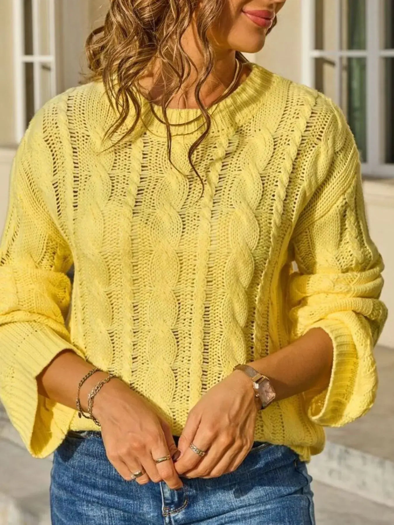 Cable Knit Long Sleeve Sweater - Trendsi - Flyclothing LLC