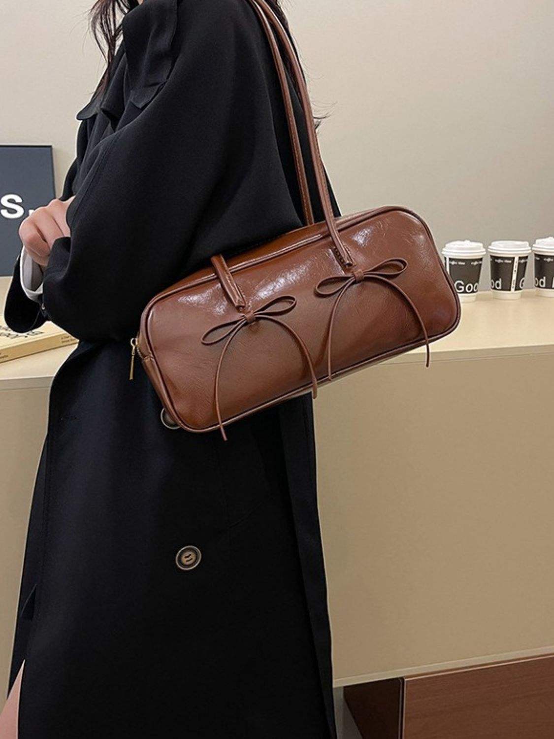 PU Leather Bow Trim Shoulder Bag - Trendsi - Flyclothing LLC