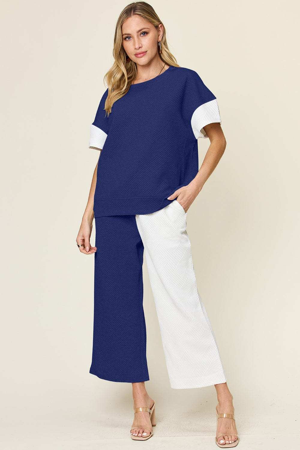 Double Take Full Size Texture Contrast T-Shirt and Wide Leg Pants Set - Trendsi - Flyclothing LLC