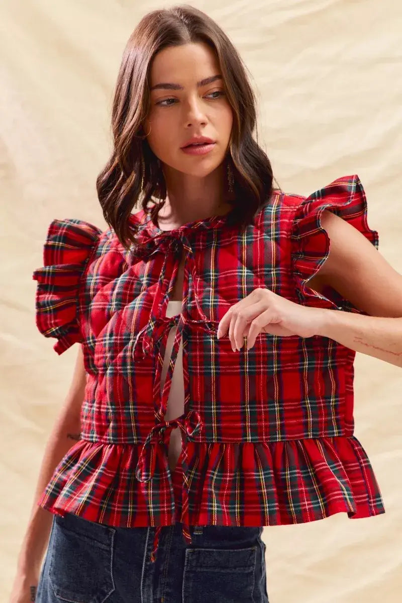 SO ME Christmas Holiday Plaid Ruffled Quilt Vest Top - Trendsi - Flyclothing LLC