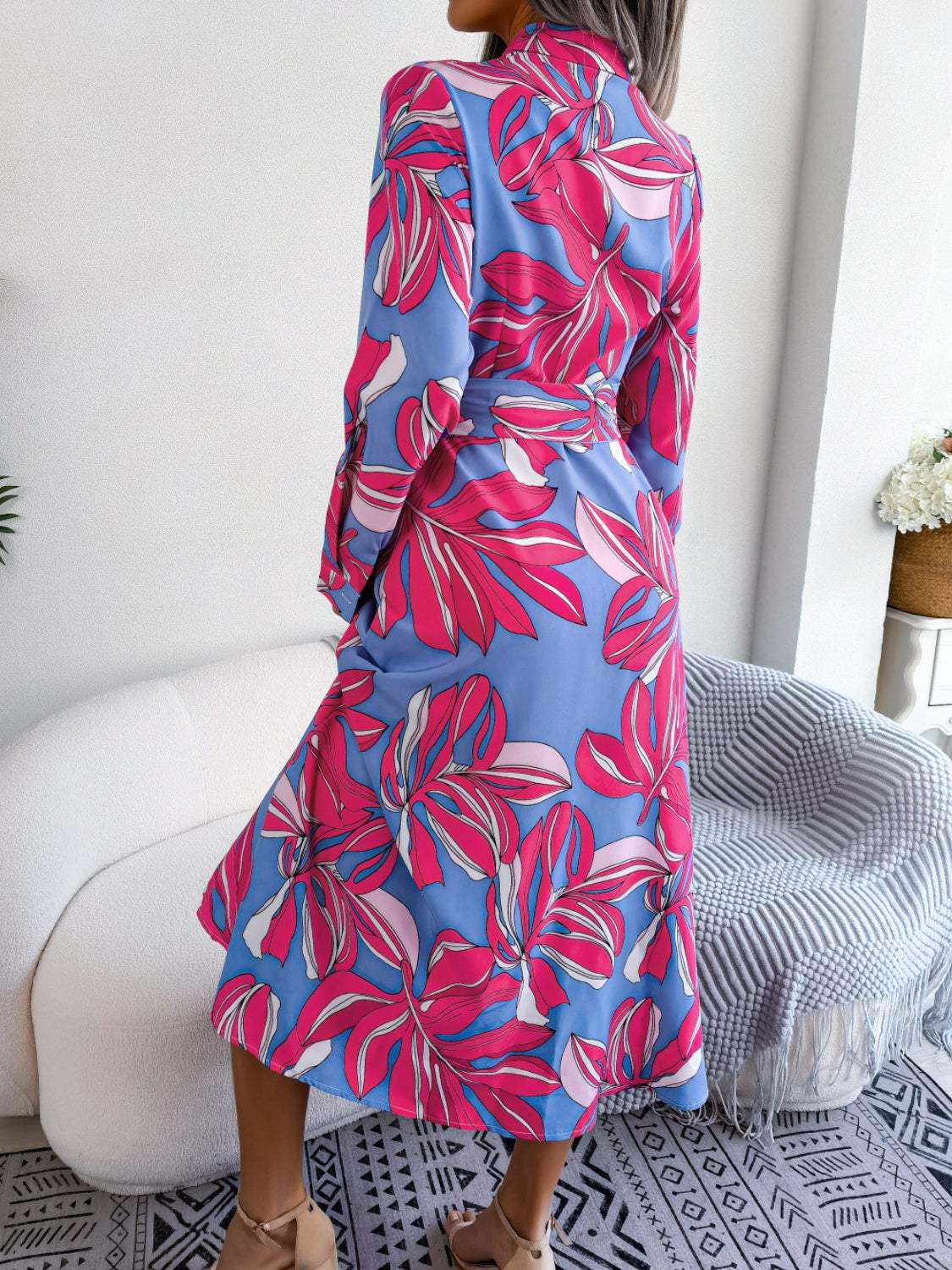 Tied Button Up Long Sleeve Dress - Trendsi - Flyclothing LLC