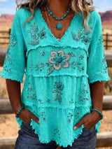 Full Size Floral Raw Hem V-Neck Blouse Plus Size - Trendsi - Flyclothing LLC