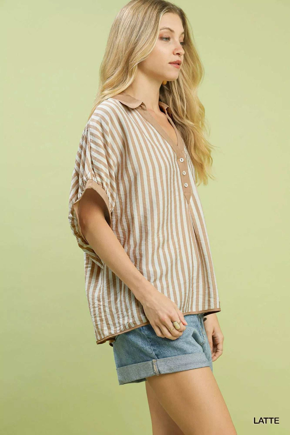 Umgee Stripe Collared Oversized Top - Trendsi - Flyclothing LLC