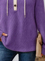 Full Size Drawstring Button Detail Hooded Sweater Plus Size - Trendsi - Flyclothing LLC