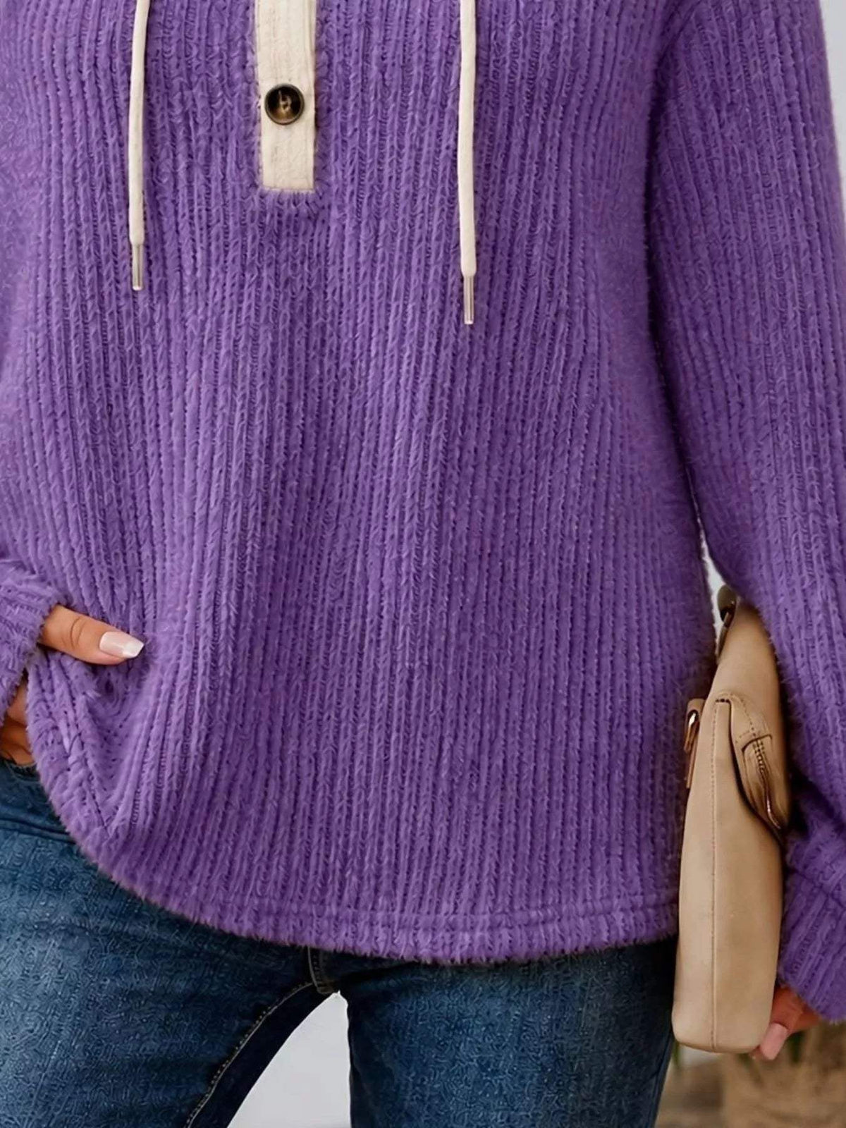 Full Size Drawstring Button Detail Hooded Sweater Plus Size - Trendsi - Flyclothing LLC