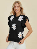 Double Take Full Size Ruffled Flower Round Neck Cap Sleeve Sweater - Trendsi - Flyclothing LLC
