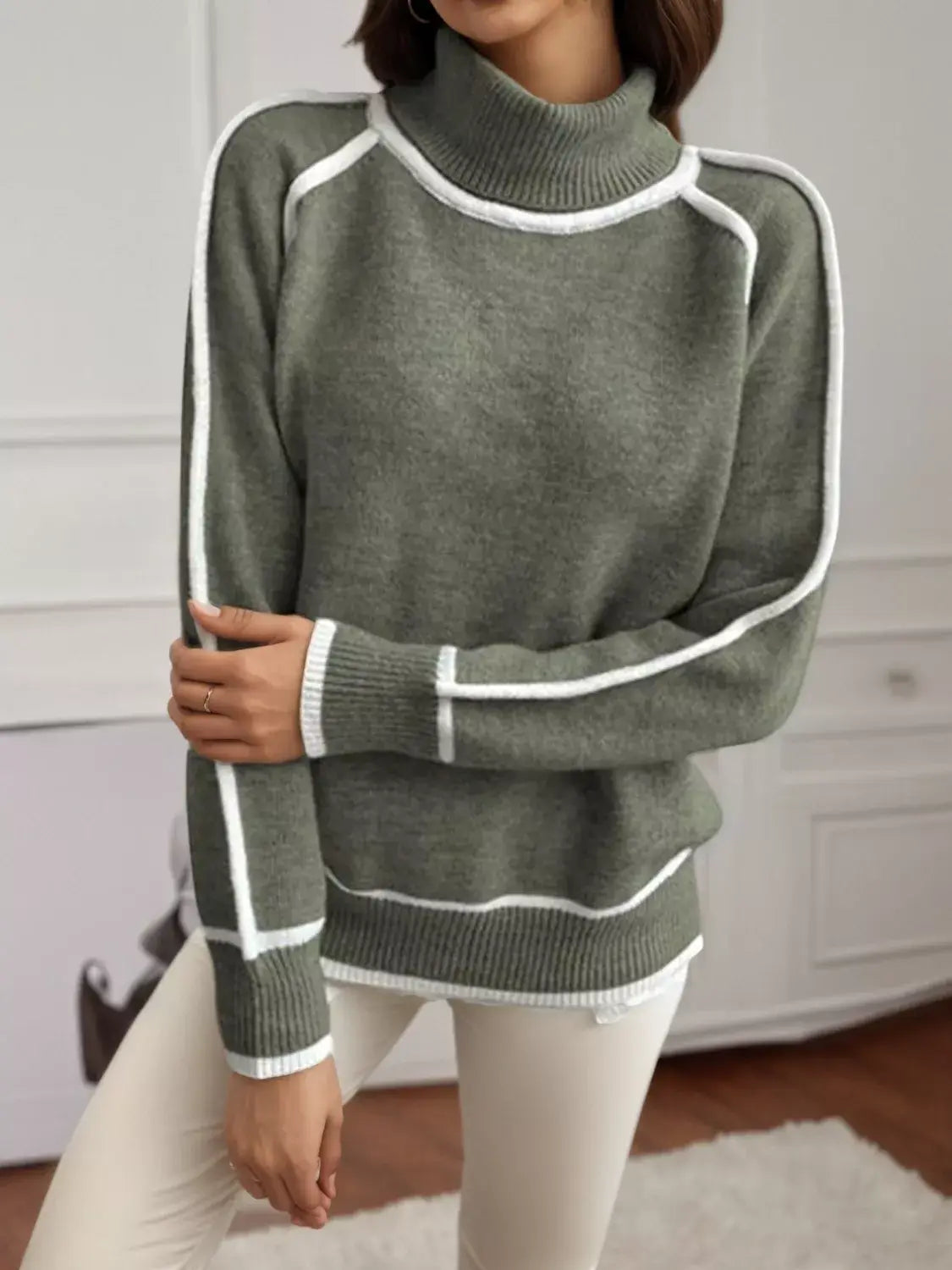 Full Size Turtleneck Contrast Trim Sweater Plus Size - Trendsi - Flyclothing LLC