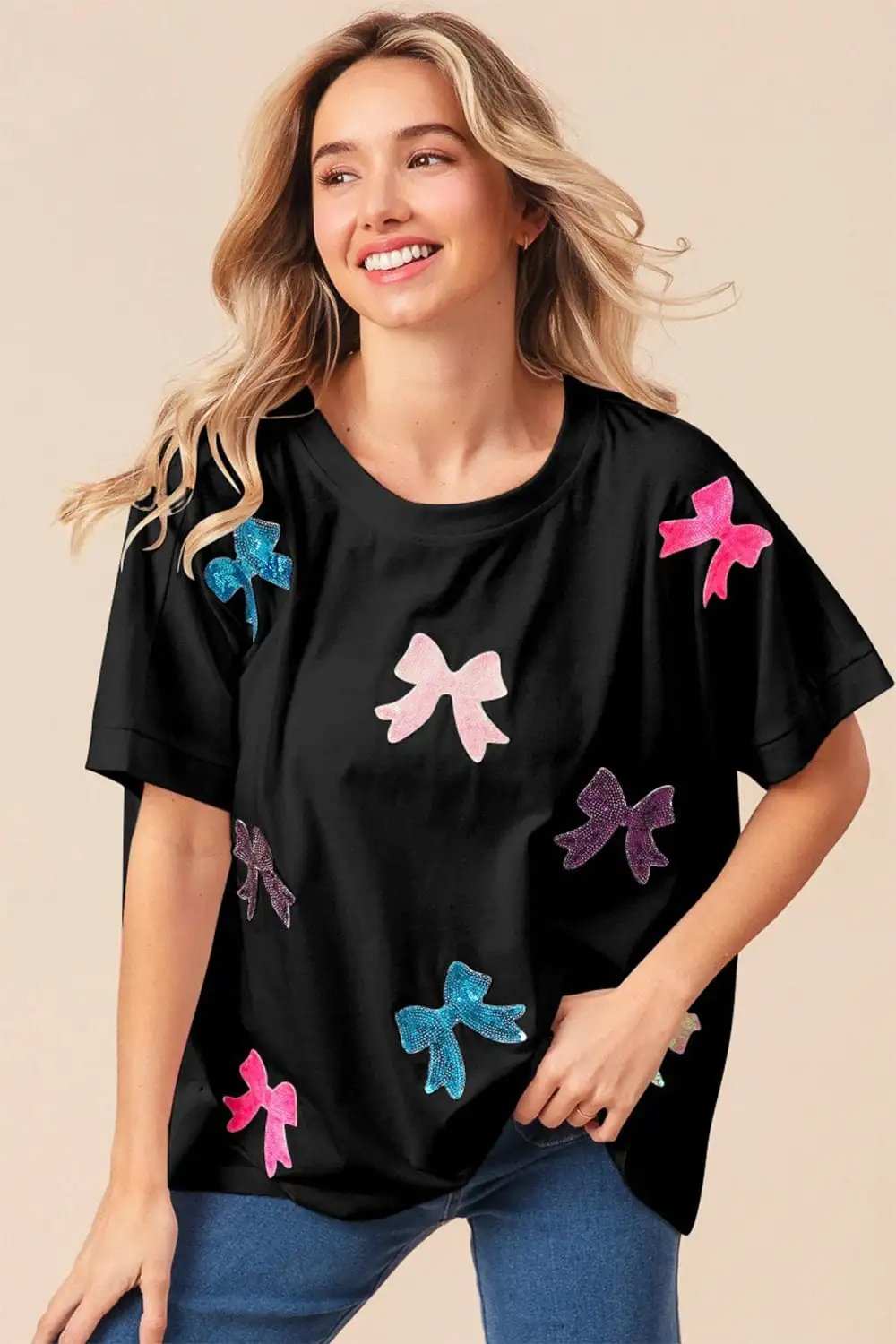 BiBi Sequin Bow Patch Short Sleeve T-Shirt - Trendsi - Flyclothing LLC