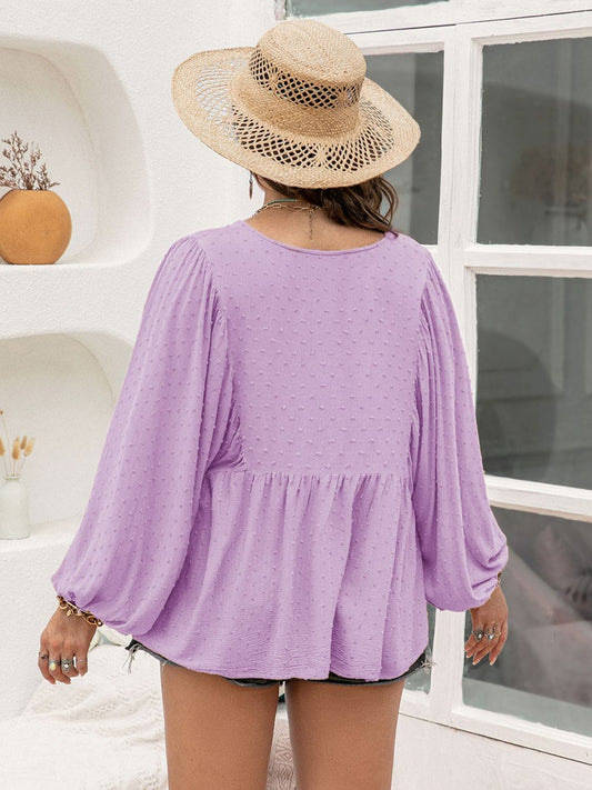 Plus Size Swiss Dot Tie Neck Long Sleeve Blouse - Trendsi