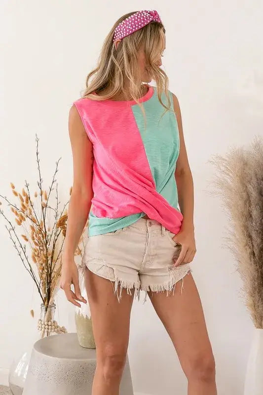 BiBi Slub Terry Color Block Twisted Top - Trendsi - Flyclothing LLC