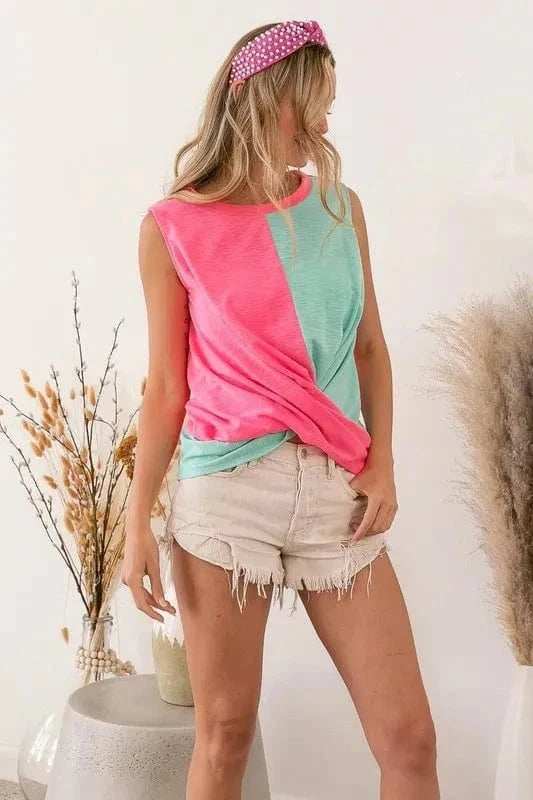 BiBi Slub Terry Color Block Twisted Top - Trendsi - Flyclothing LLC