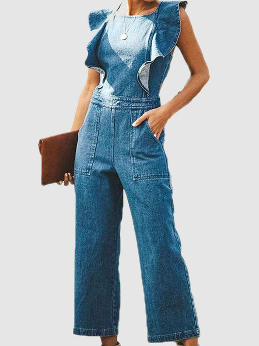 Ruffled Backless Sleeveless Denim Jumpsuit - Trendsi - Flyclothing LLC