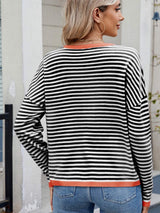 Striped Contrast Round Neck Long Sleeve Sweater - Trendsi - Flyclothing LLC