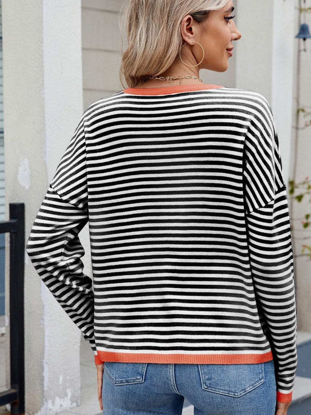 Striped Contrast Round Neck Long Sleeve Sweater - Trendsi - Flyclothing LLC