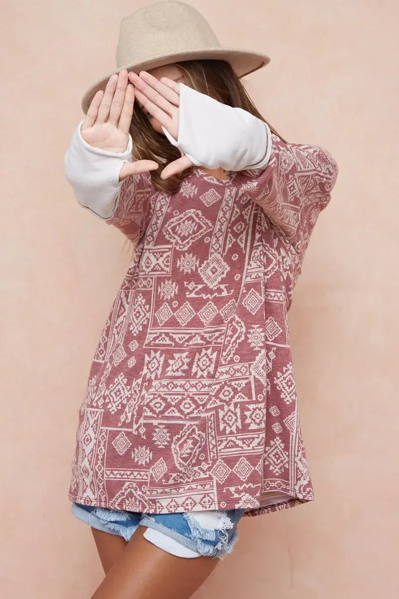 BiBi Aztec Print French Terry Top with Thumb Opening - Trendsi - Flyclothing LLC