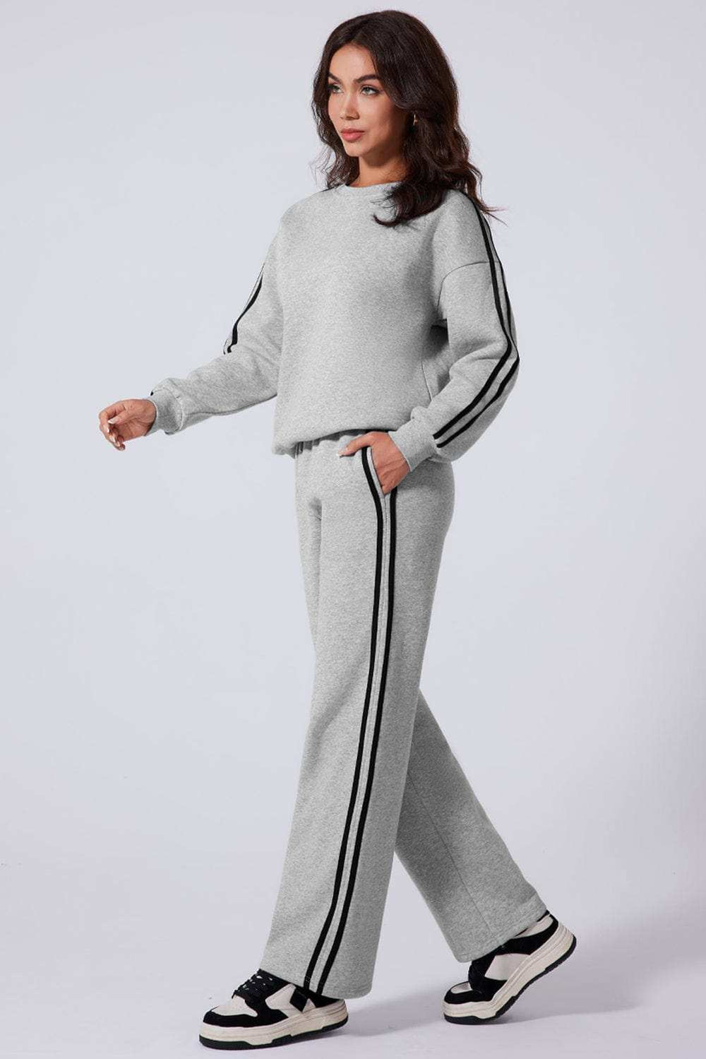 Side Striped Round Neck Top and Pants Active Set - Trendsi - Flyclothing LLC
