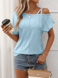 Eyelet Asymmetrical Shoulder Short Sleeve T-Shirt - Trendsi - Flyclothing LLC