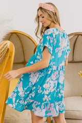 BiBi Floral Crinkle Shirred Ruffle Detail V Neck Dress - Trendsi - Flyclothing LLC