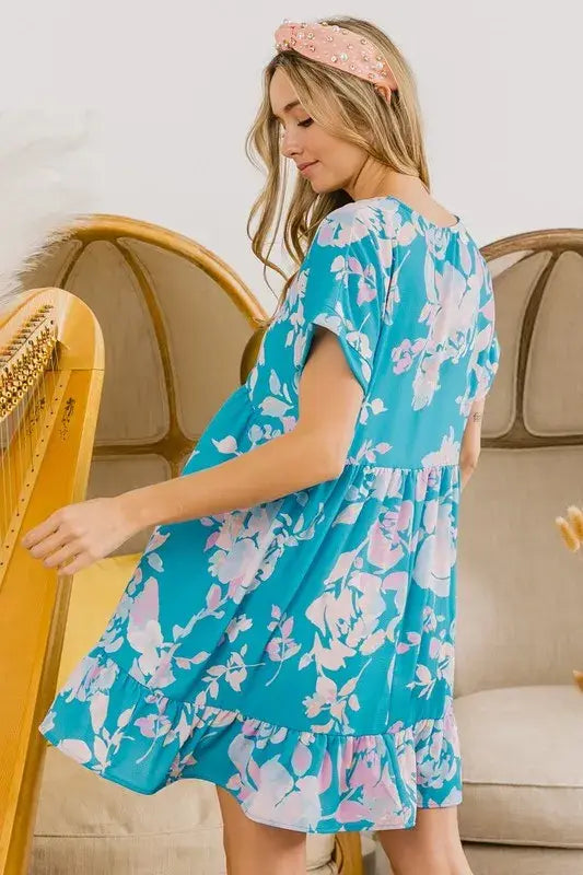 BiBi Floral Crinkle Shirred Ruffle Detail V Neck Dress - Trendsi - Flyclothing LLC