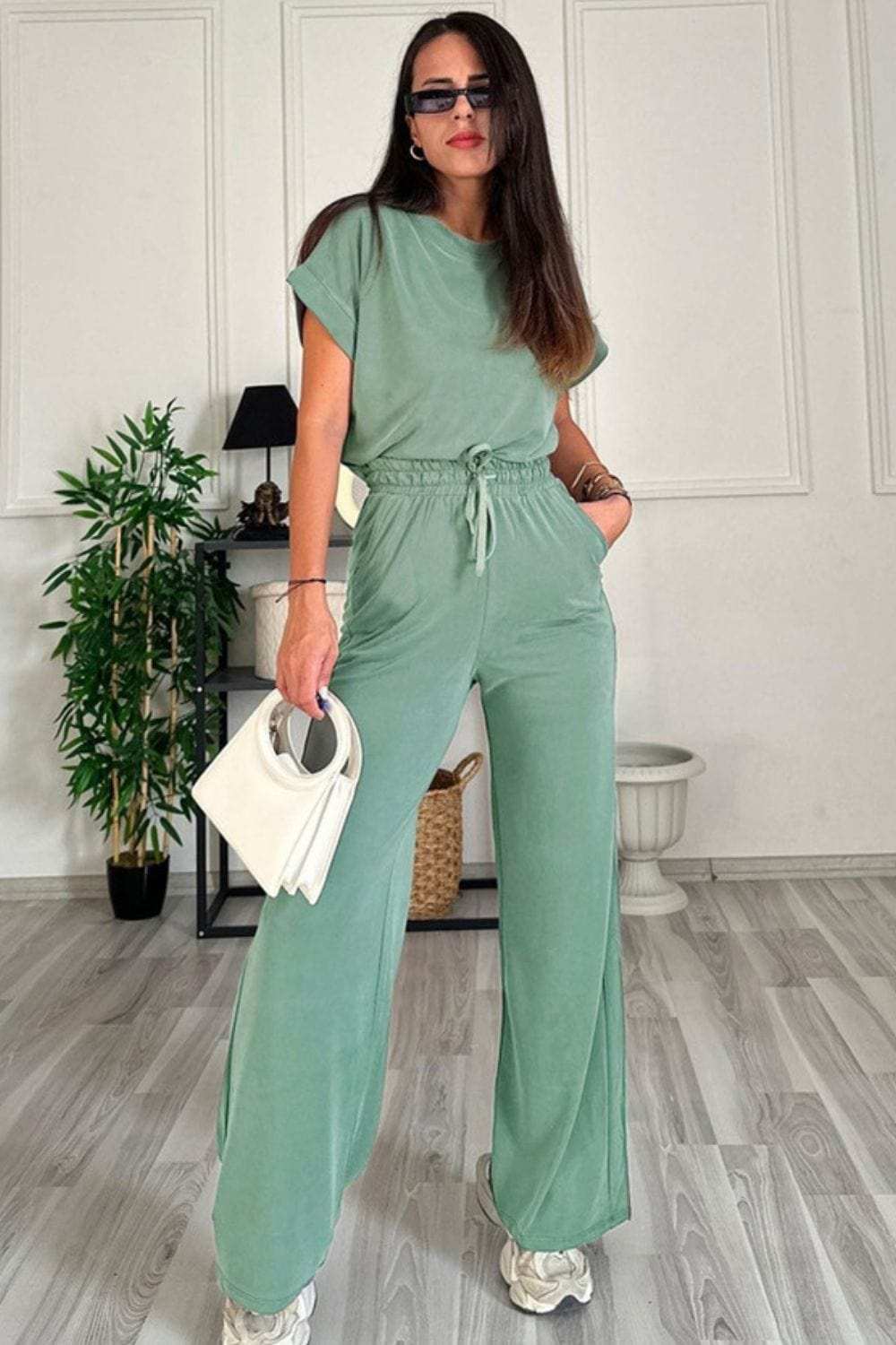Round Neck Short Sleeve Top and Drawstring Pants Set - Trendsi - Flyclothing LLC