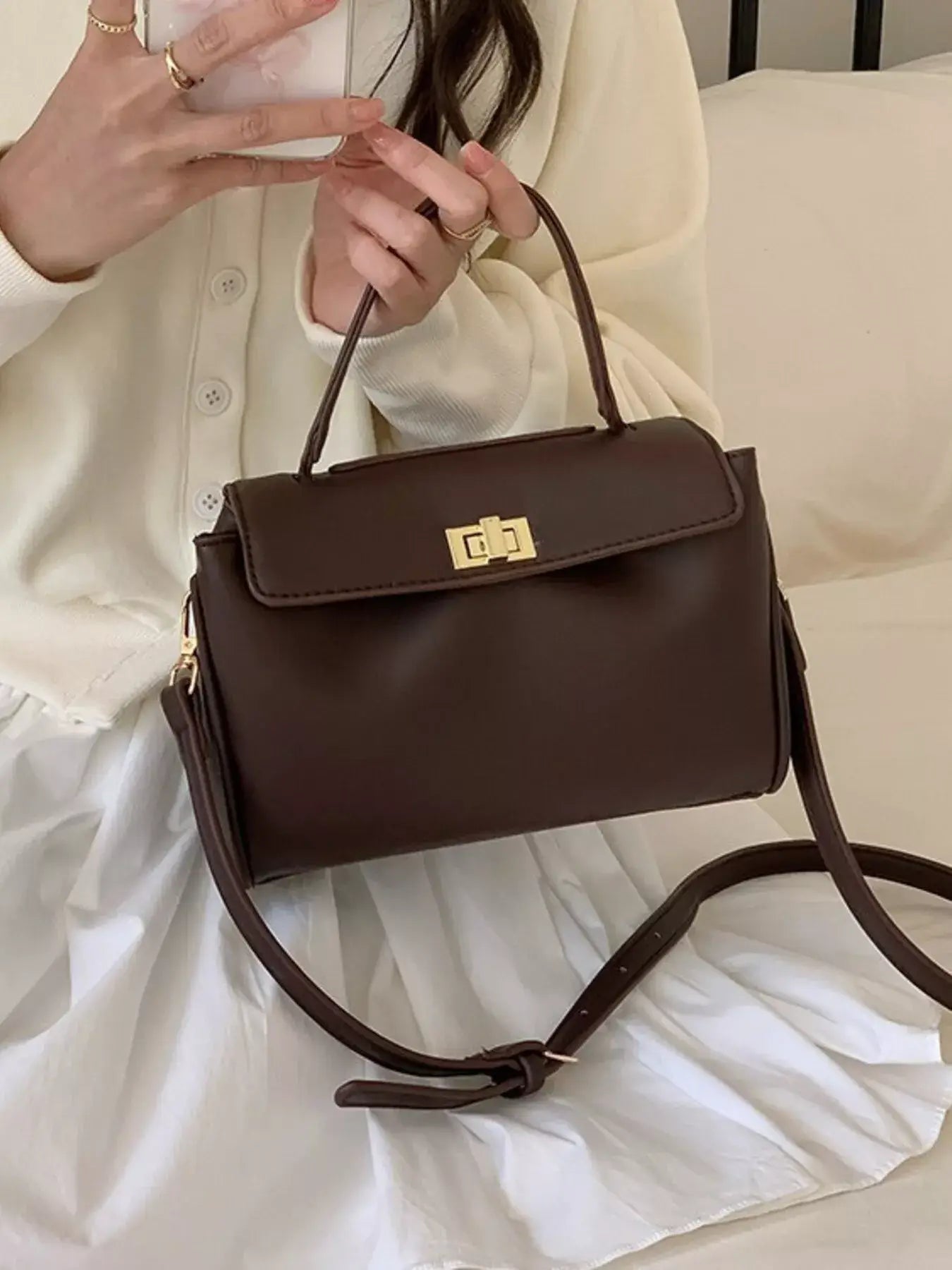 Golden Clasp Leather Crossbody Bag - Trendsi - Flyclothing LLC