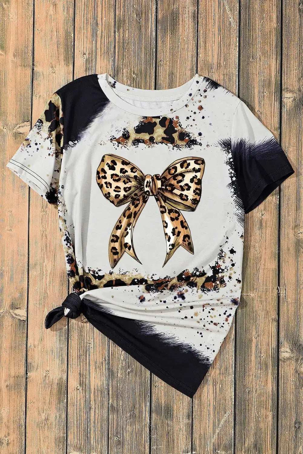 Bow Graphic Leopard Round Neck Short Sleeve T-Shirt - Trendsi - Flyclothing LLC