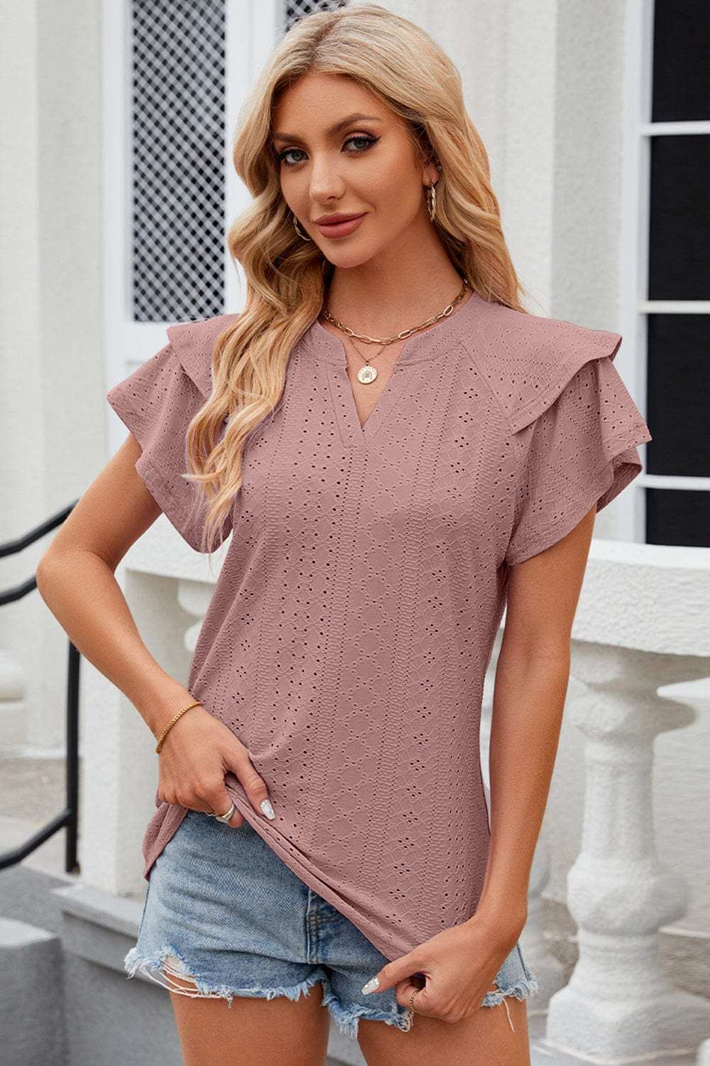 Eyelet Notched Flutter Sleeve T-Shirt - Trendsi - Flyclothing LLC