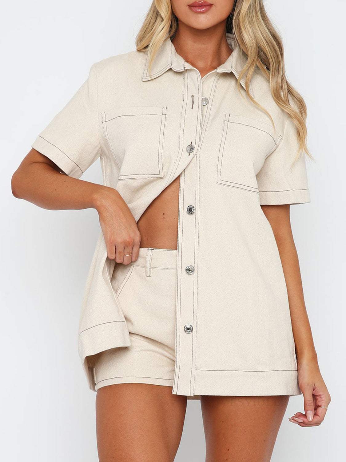Pocketed Button Up Top and Shorts Set - Trendsi - Flyclothing LLC