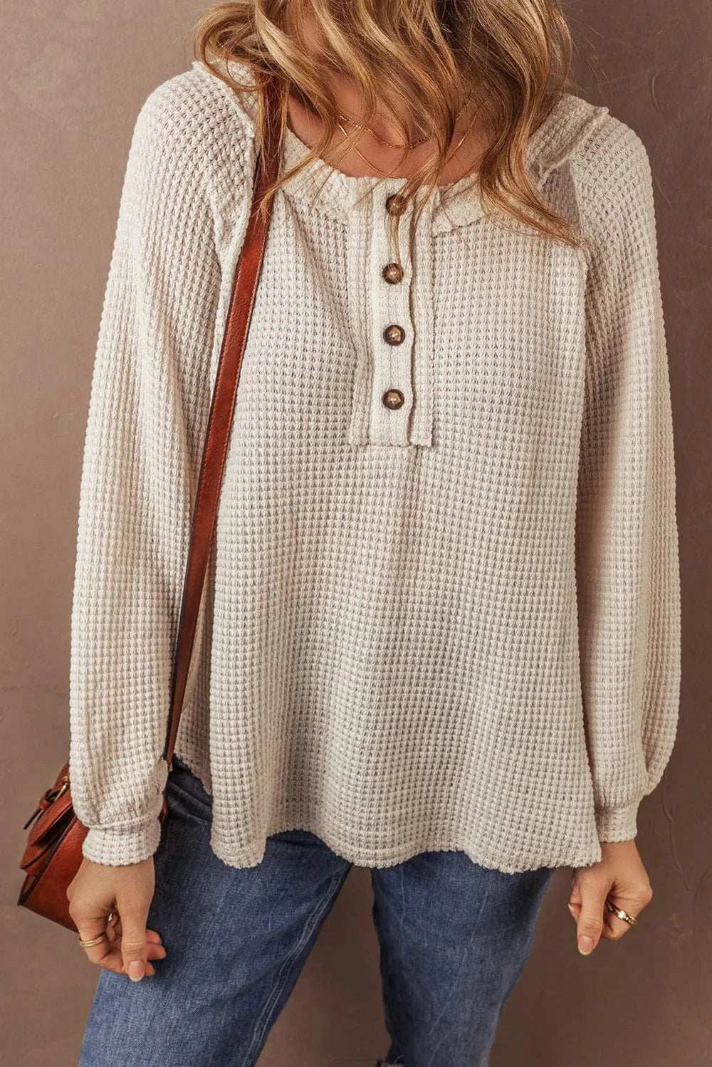 Waffle-Knit Half Button Round Neck Long Sleeve Top - Trendsi - Flyclothing LLC